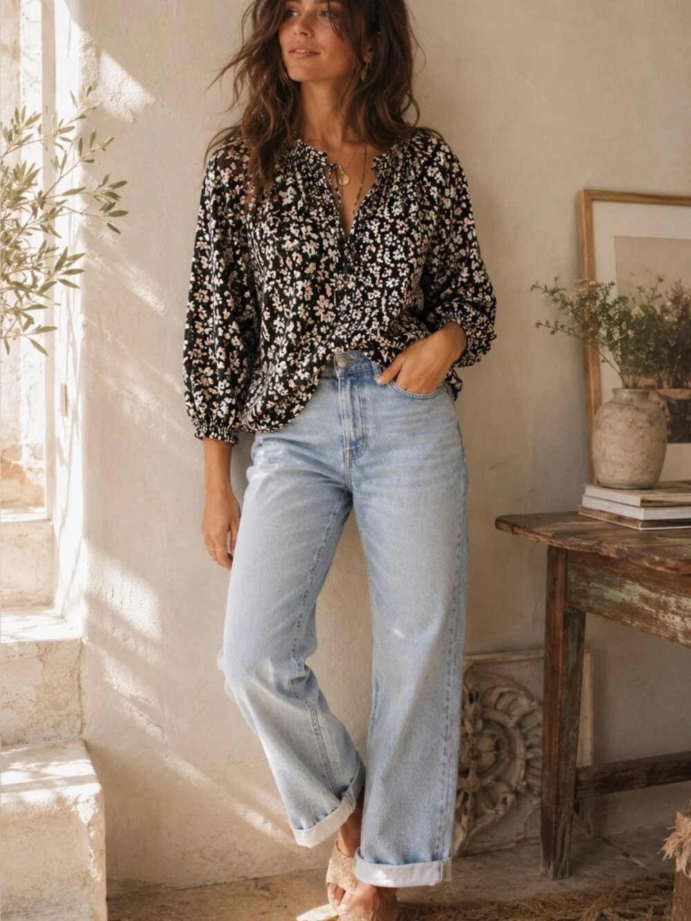Sanctuary Evereve Black Floral Smocked Neck Linen Peasant Blouse M
